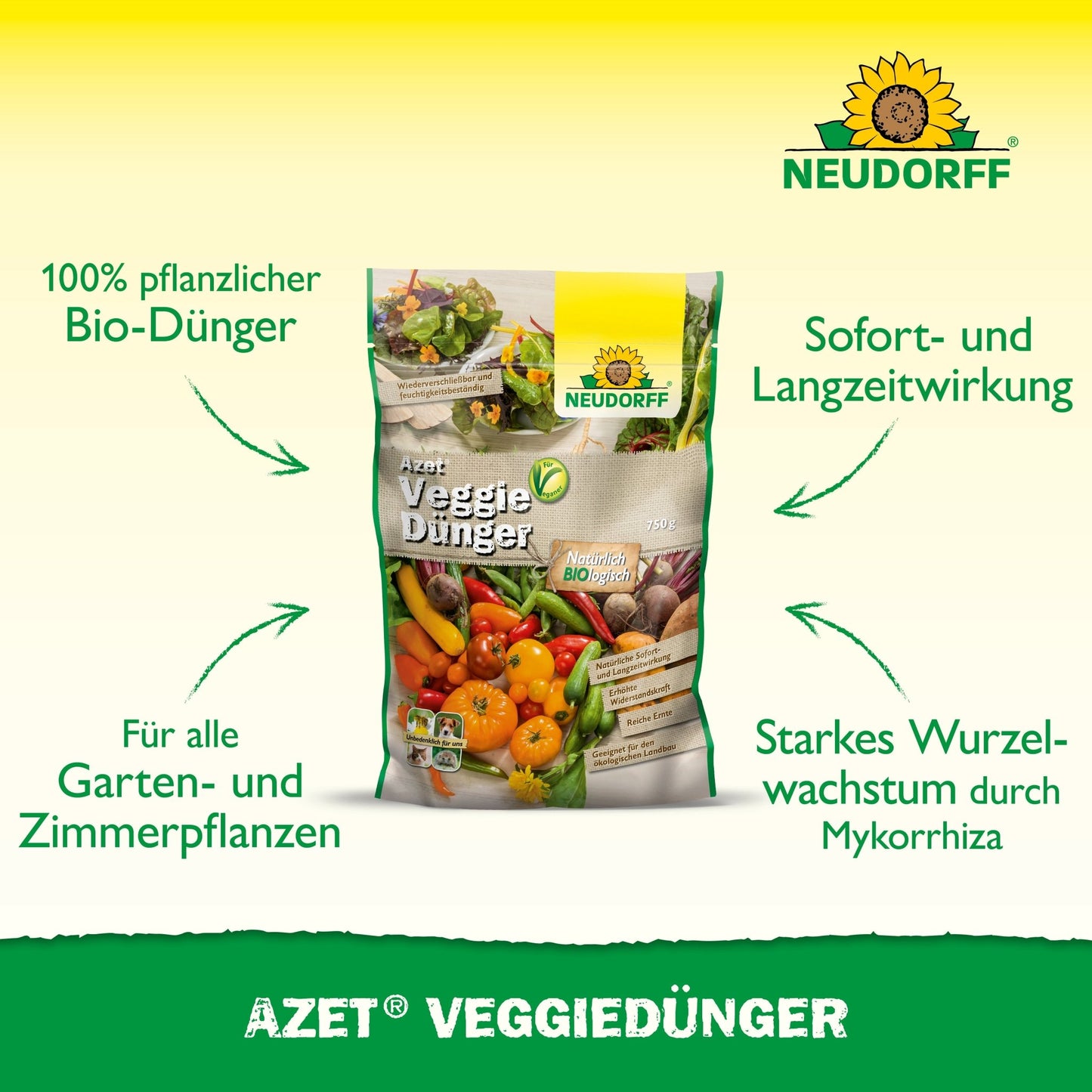 A bag of Azet VeggieFertilizer from Neudorff Shop is depicted with vegetable images. The text highlights it as a 100% vegan fertilizer for garden and indoor plants that has an immediate effect and promotes strong root growth.