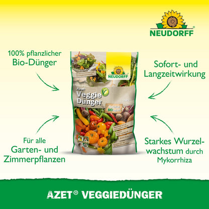 A bag of Azet VeggieFertilizer from Neudorff Shop is depicted with vegetable images. The text highlights it as a 100% vegan fertilizer for garden and indoor plants that has an immediate effect and promotes strong root growth.