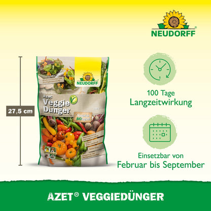 A 2.5 kg bag of Azet VeggieFertilizer from Neudorff Shop with a height of 27.5 cm is shown with a packaging design featuring vegetables, highlighting the 100-day long-term effect and the recommended use from February to September.