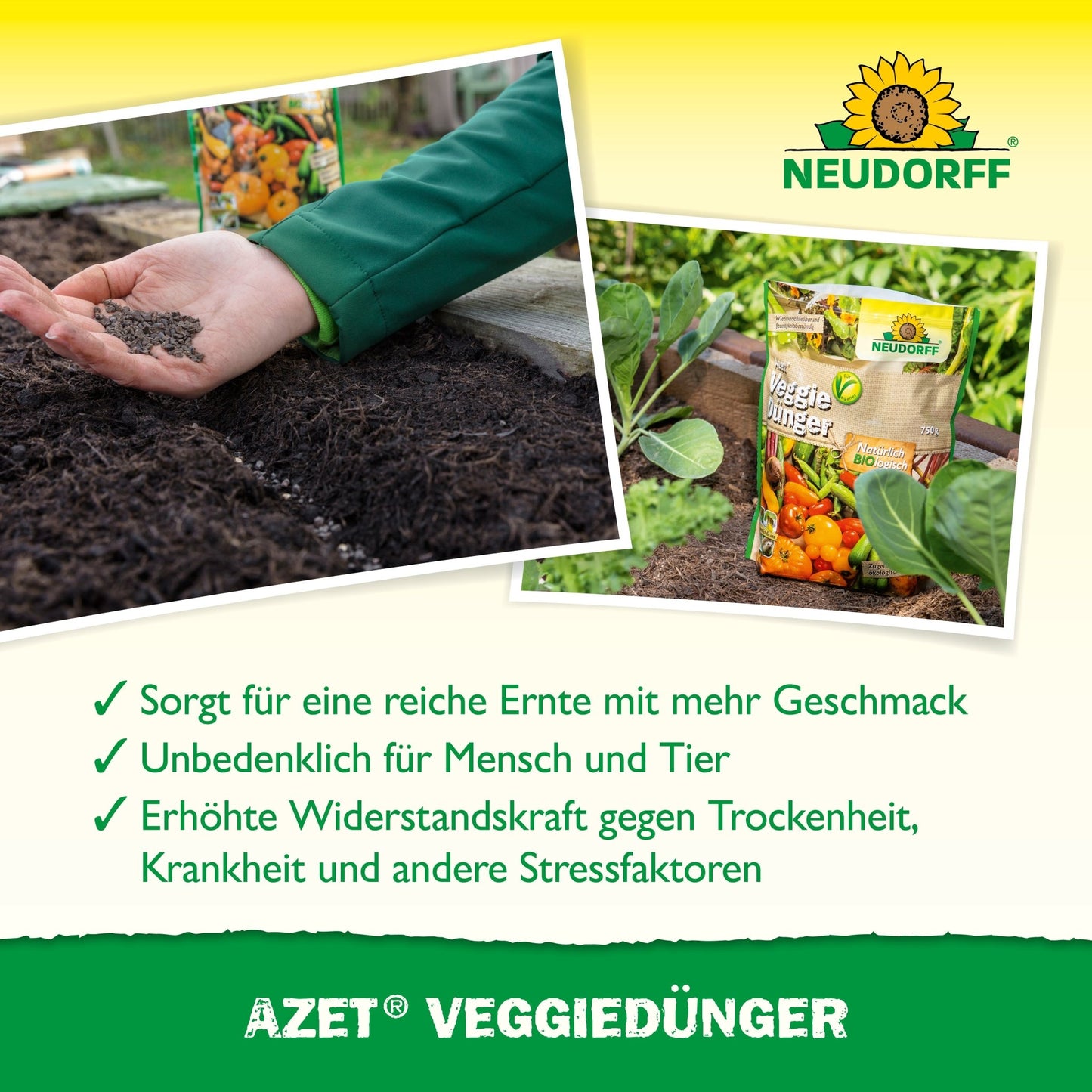 A hand sprinkles organic fertilizer on garden soil. Next to it is a pack of Azet VeggieFertilizer from Neudorff Shop. Three green checkmarks indicate the product's benefits in German. In the background, vegetable seedlings are growing.