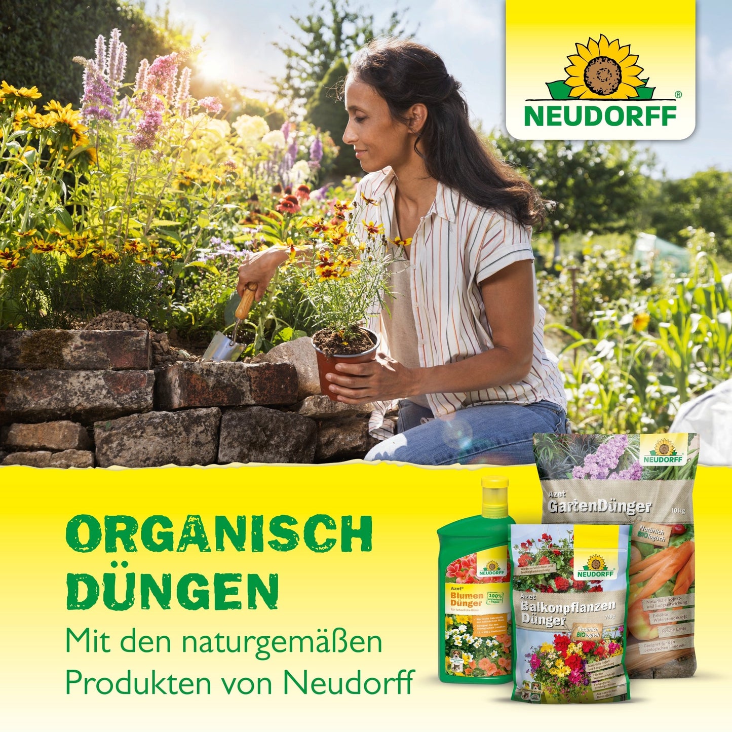 A woman plants flowers with a trowel next to a raised bed. In front of her are Azet VeggieFertilizer from Neudorff Shop. The German text promotes organic fertilization with the natural Azet VeggieFertilizer from Neudorff Shop.