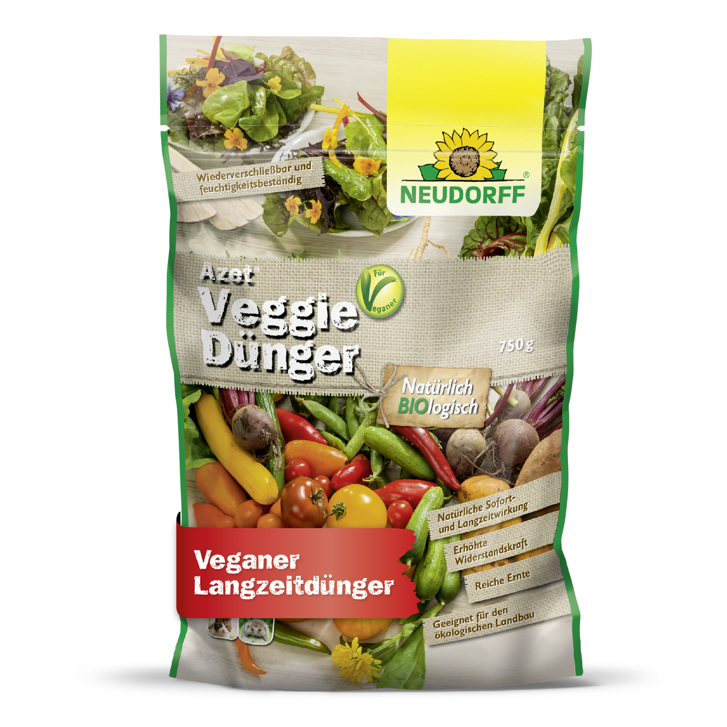 Azet VeggieFertilizer from Neudorff Shop is an organic and vegan fertilizer. The packaging shows various vegetables with green, yellow, and red German labels highlighting the product details.