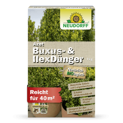A 1 kg box of Neudorff Shop Azet Buxus & Ilex Fertilizer with natural ingredients is enough for 40 m², ideal for boxwood and holly and perfect for organic gardening.