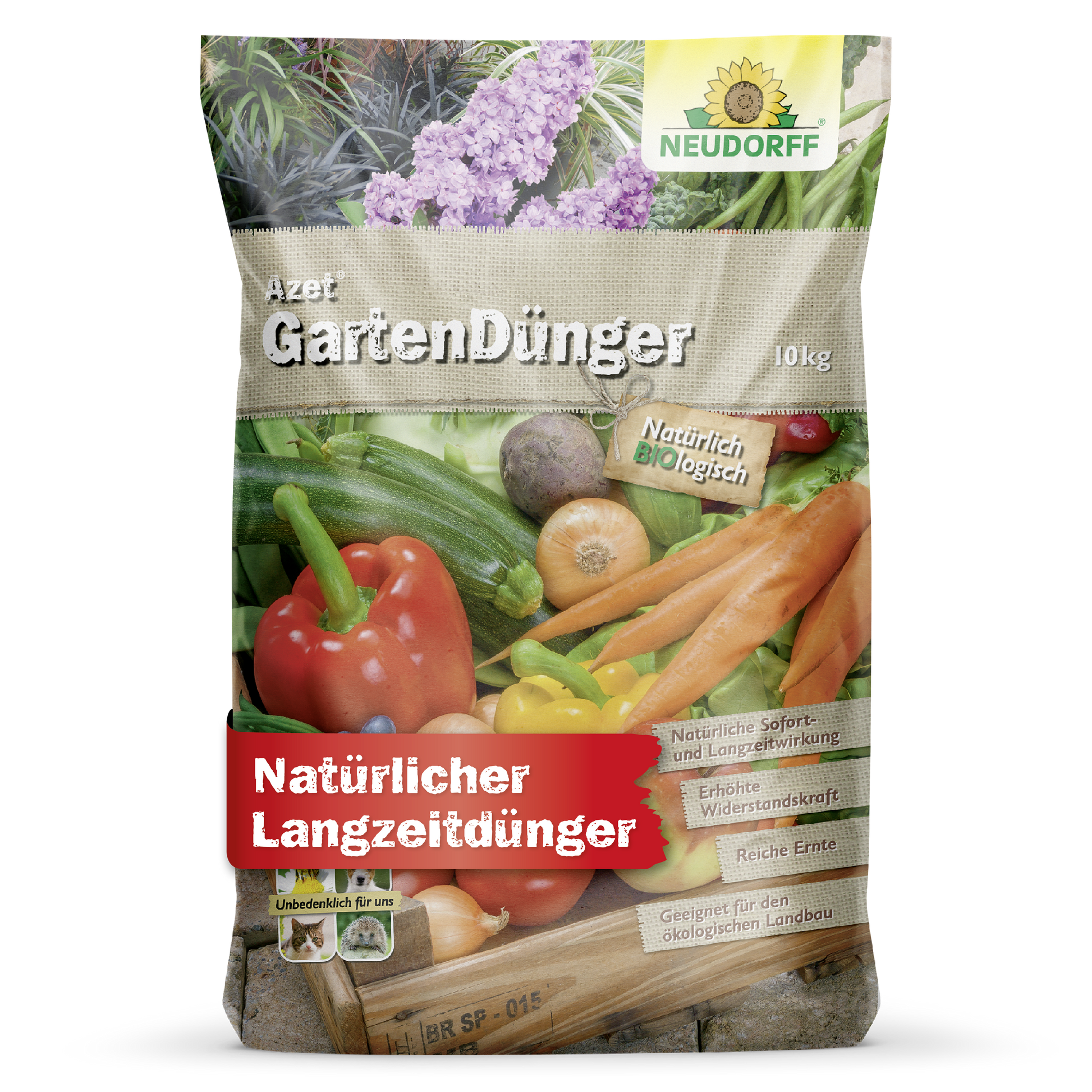 Ein 10-kg-Sack Neudorff Shop Azet GartenDünger mit Bildern von Gemüse und Kräutern und einem Text, der die organische, lang anhaltende Formel hervorhebt - perfekt zum Düngen Ihrer Pflanzen.