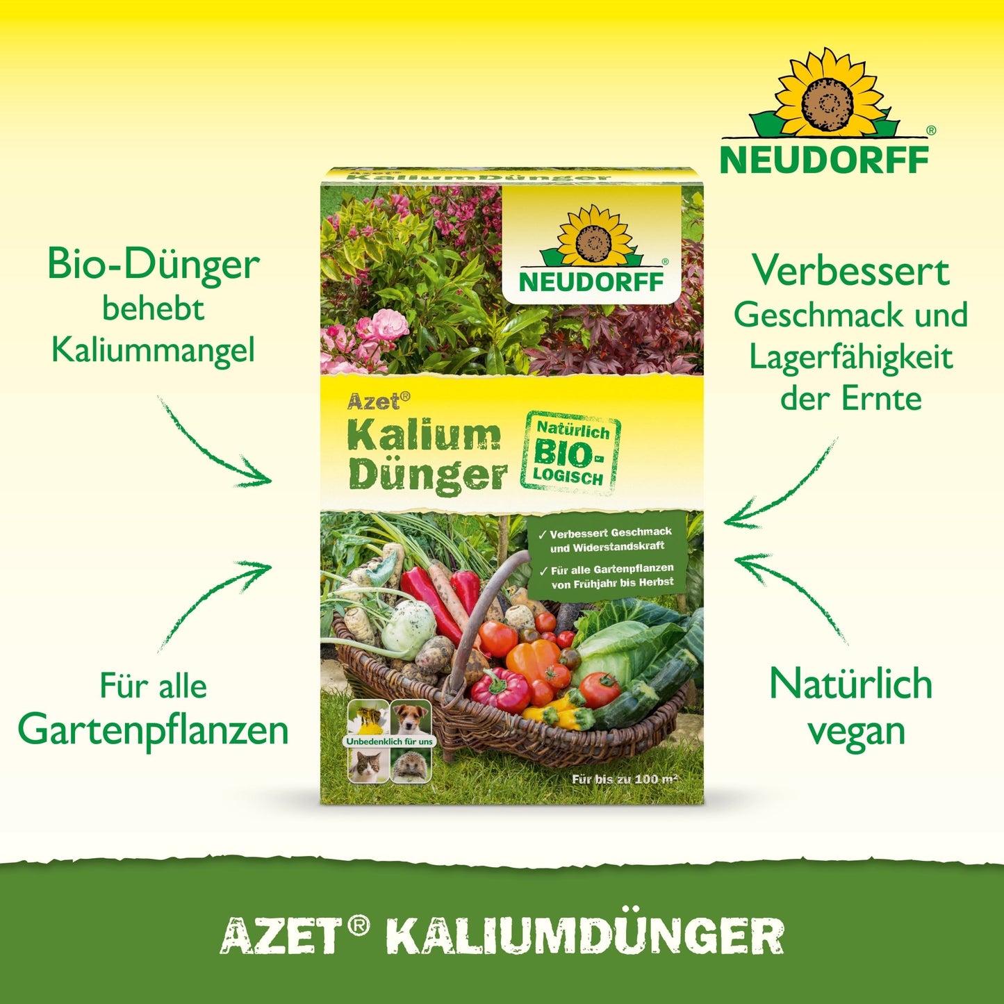 Pictured is a box of Neudorff Shop Azet Potassium Fertilizer with arrows and text highlighting the benefits, such as correcting potassium deficiency, suitability for all plants, improving yields, and a vegan formula.