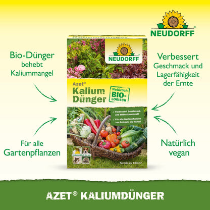 Pictured is a box of Neudorff Shop Azet Potassium Fertilizer with arrows and text highlighting the benefits, such as correcting potassium deficiency, suitability for all plants, improving yields, and a vegan formula.