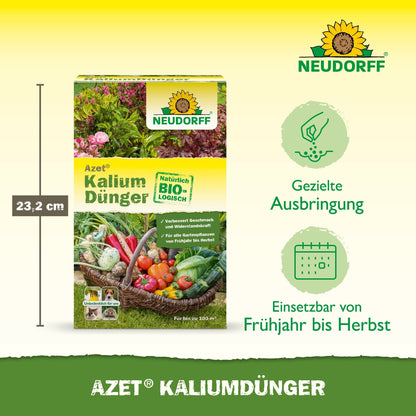 A box of Azet Potassium Fertilizer from Neudorff Shop is pictured with vegetables and flowers, showing how it fertilizes plants and prevents potassium deficiency. The German text lists the features, usage, and size of the box, 23.2 cm, on a yellow-green background.