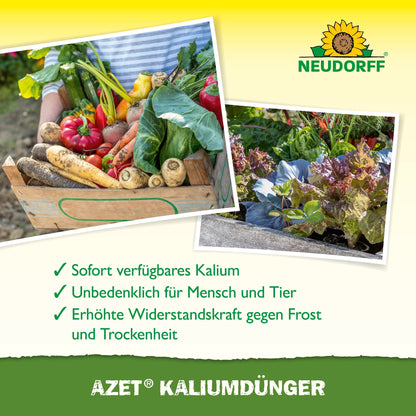 A wooden box with vegetables stands next to leafy greens. The text highlights Azet Potassium Fertilizer from Neudorff Shop, which offers immediate nutrient availability for plant fertilization and is safe for humans and animals.
