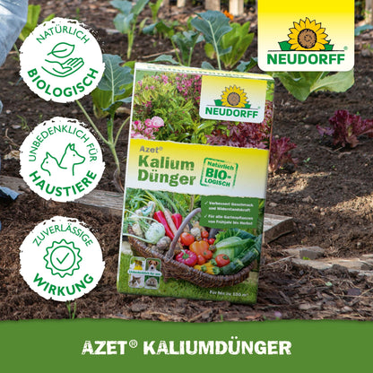 A box of Azet Potassium Fertilizer from the Neudorff Shop stands on garden soil between vegetables and green plants, showing product information and certifications. Ideal for fertilizing plants and preventing potassium deficiency.