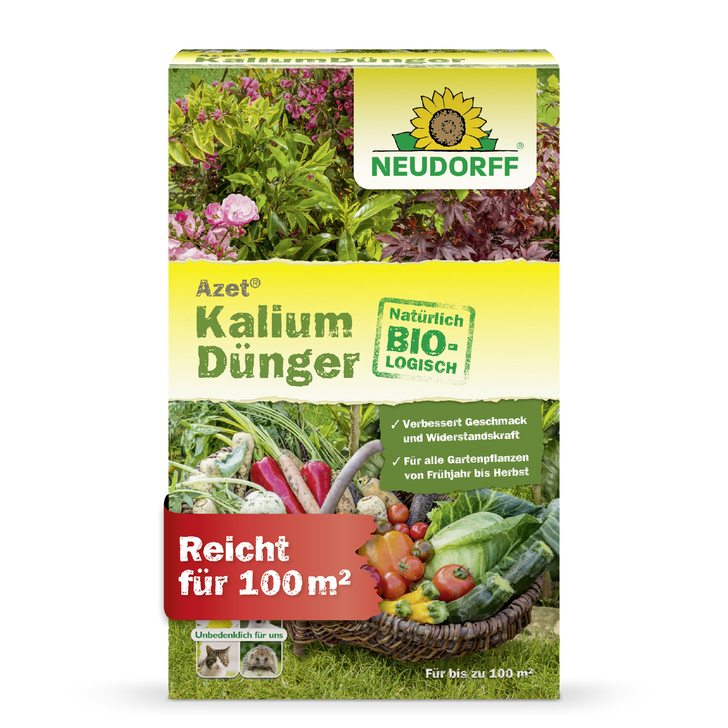 Azet Potassium Fertilizer from the Neudorff Shop is an organic fertilizer for all garden plants, prevents potassium deficiency, covers up to 100 m², and shows pictures of vegetables and flowers - ideal for fertilizing plants.