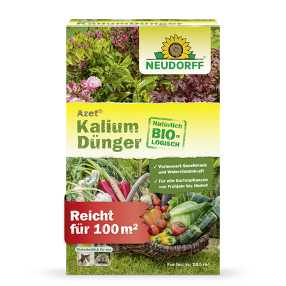 Azet Potassium Fertilizer from the Neudorff Shop is an organic fertilizer for all garden plants, prevents potassium deficiency, covers up to 100 m², and shows pictures of vegetables and flowers - ideal for fertilizing plants.