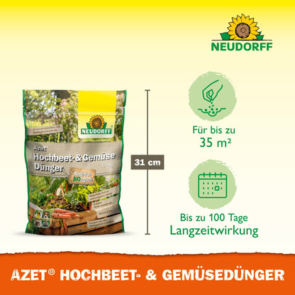 A bag of Neudorff Shop Azet Raised Bed & Vegetable Fertilizer, ideal for vegetables and herbs, is depicted with symbols for 35 m² area, 31 cm bag height, and up to 100 days effectiveness on a yellow and orange background.