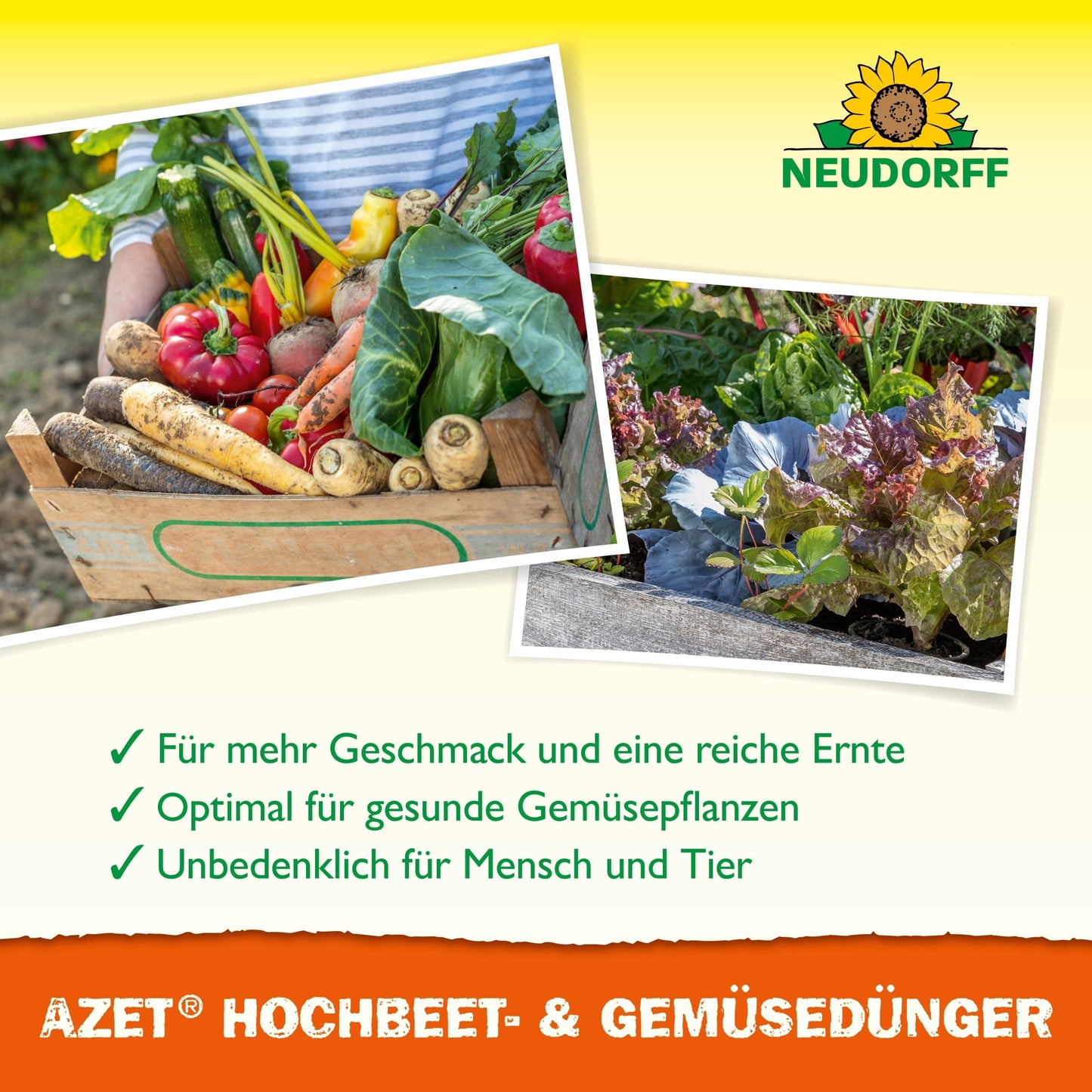 A wooden box with vegetables and herbs stands next to the photo of a raised bed with leafy greens. At the top is the Neudorff Shop logo, while at the bottom the benefits of Azet Raised Bed & Vegetable Fertilizer are listed in German.