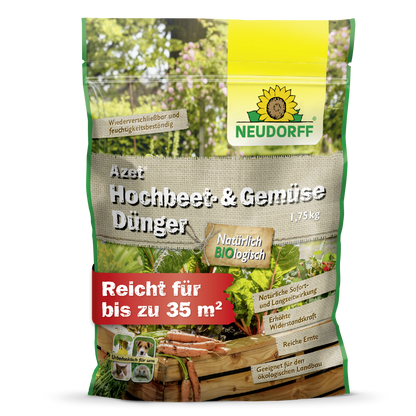 A 1.75 kg bag of Neudorff Shop Azet Raised Bed & Vegetable Fertilizer stands upright in a green-beige packaging with vegetables, a raised bed, and text indicating its use for vegetables and herbs and its organic qualities.