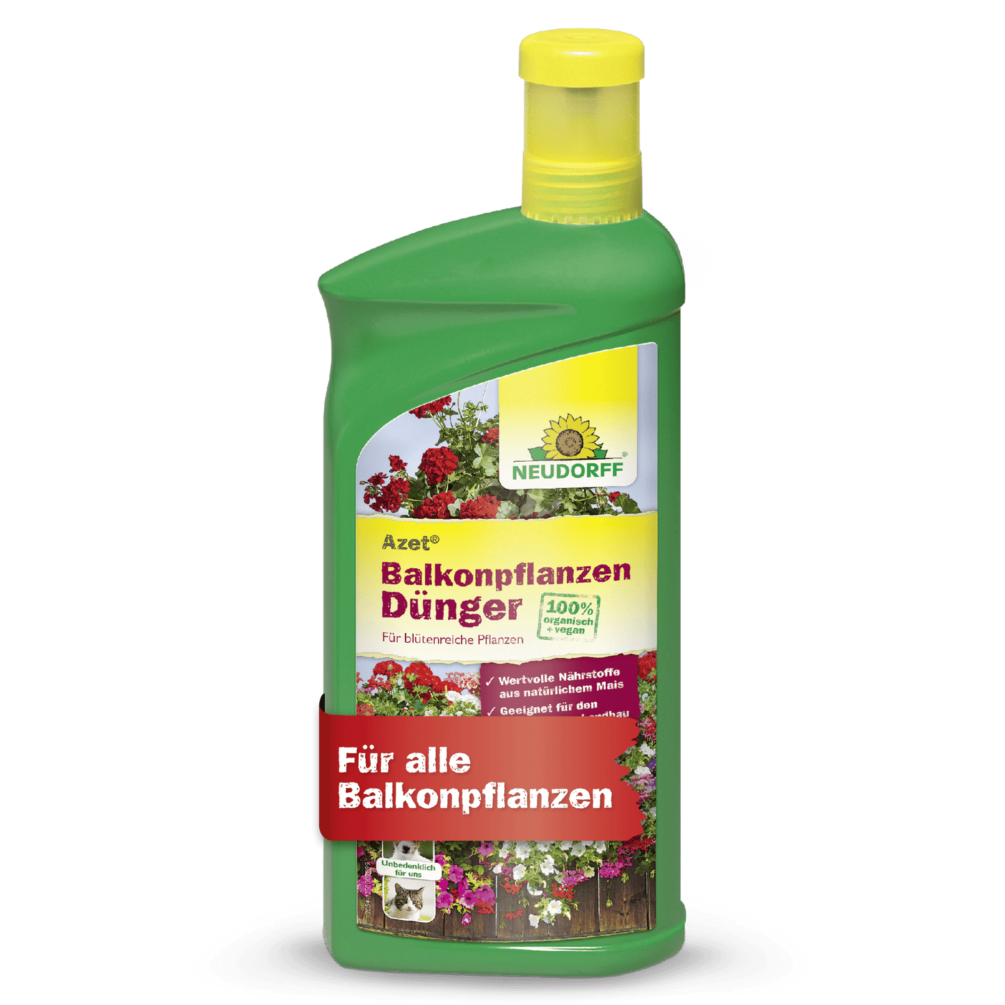A green bottle of Neudorff Shop Azet Liquid Balcony Plant Fertilizer with a yellow cap is labeled with flowers and German text, ideal for all balcony plants like summer flowers and window boxes.