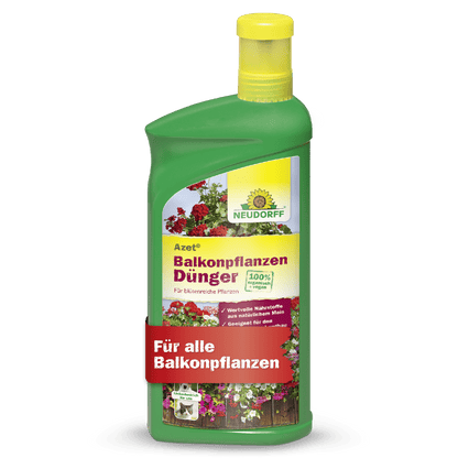 A green bottle of Neudorff Shop Azet Liquid Balcony Plant Fertilizer with a yellow cap is labeled with flowers and German text, ideal for all balcony plants like summer flowers and window boxes.