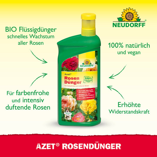 Eine grüne Flasche Neudorff Shop Azet RosenDünger flüssig mit gelber Verschlusskappe steht auf einem weißen Hintergrund, auf dem Produktdetails und Rosen abgebildet sind. Es hebt die natürlichen, veganen und schnell wirkenden Vorteile hervor - ideal für die Fütterung von Rosen.
