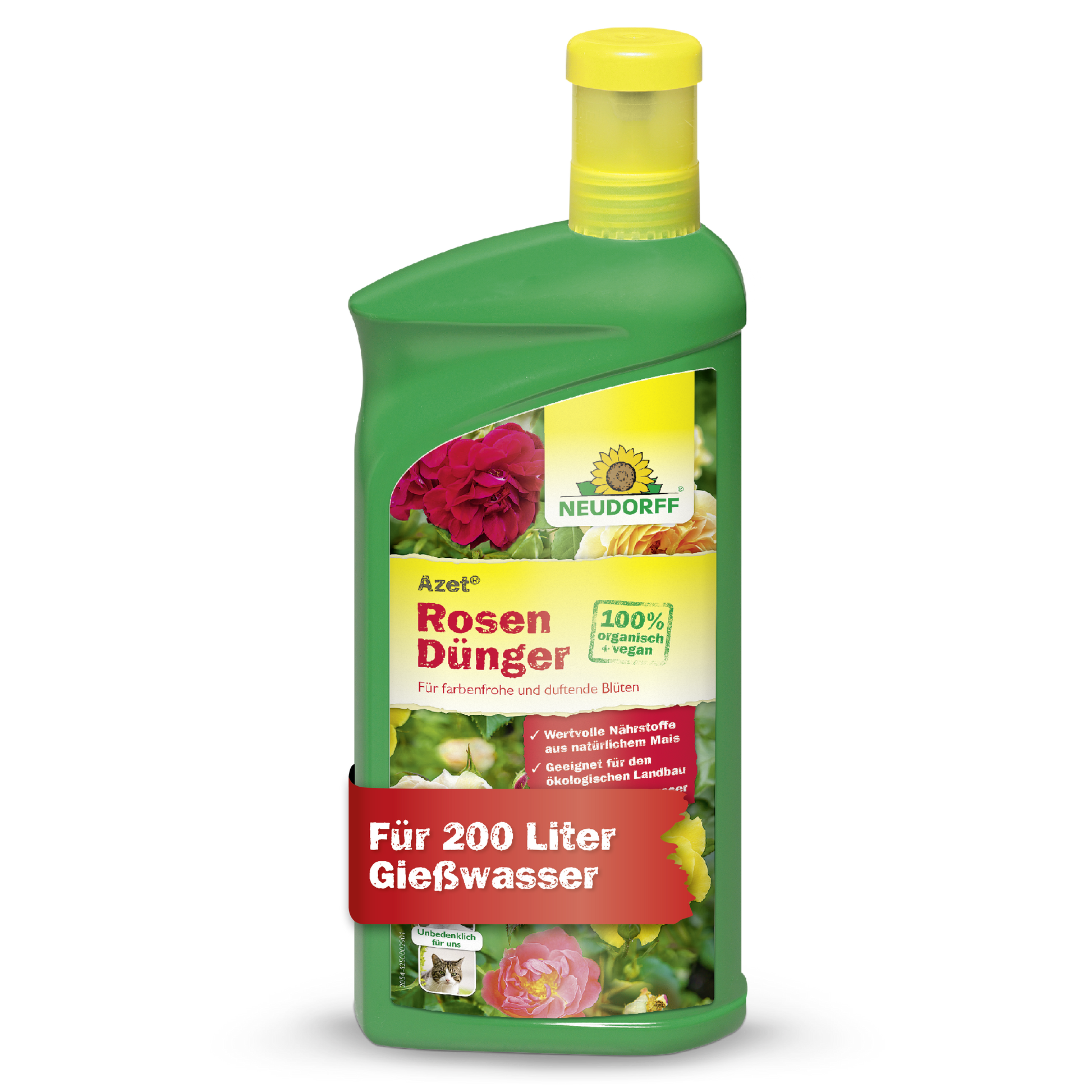 Eine grüne Plastikflasche Azet RosenDünger flüssig von Neudorff Shop, ein flüssiger Rosendünger. Auf dem Etikett sind Rosen und Produktdetails abgebildet und es wird angegeben, dass es 200 Liter Gießlösung für eine optimale Rosenpflege ergibt.