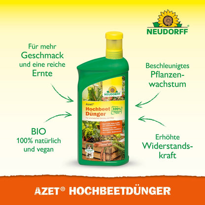 A green plastic bottle of Neudorff Shop Azet Raised Bed Fertilizer liquid with a yellow cap, featuring text about the organic, plant-based nutrients for raised bed gardens that enhance taste and yield and support healthy plant growth.