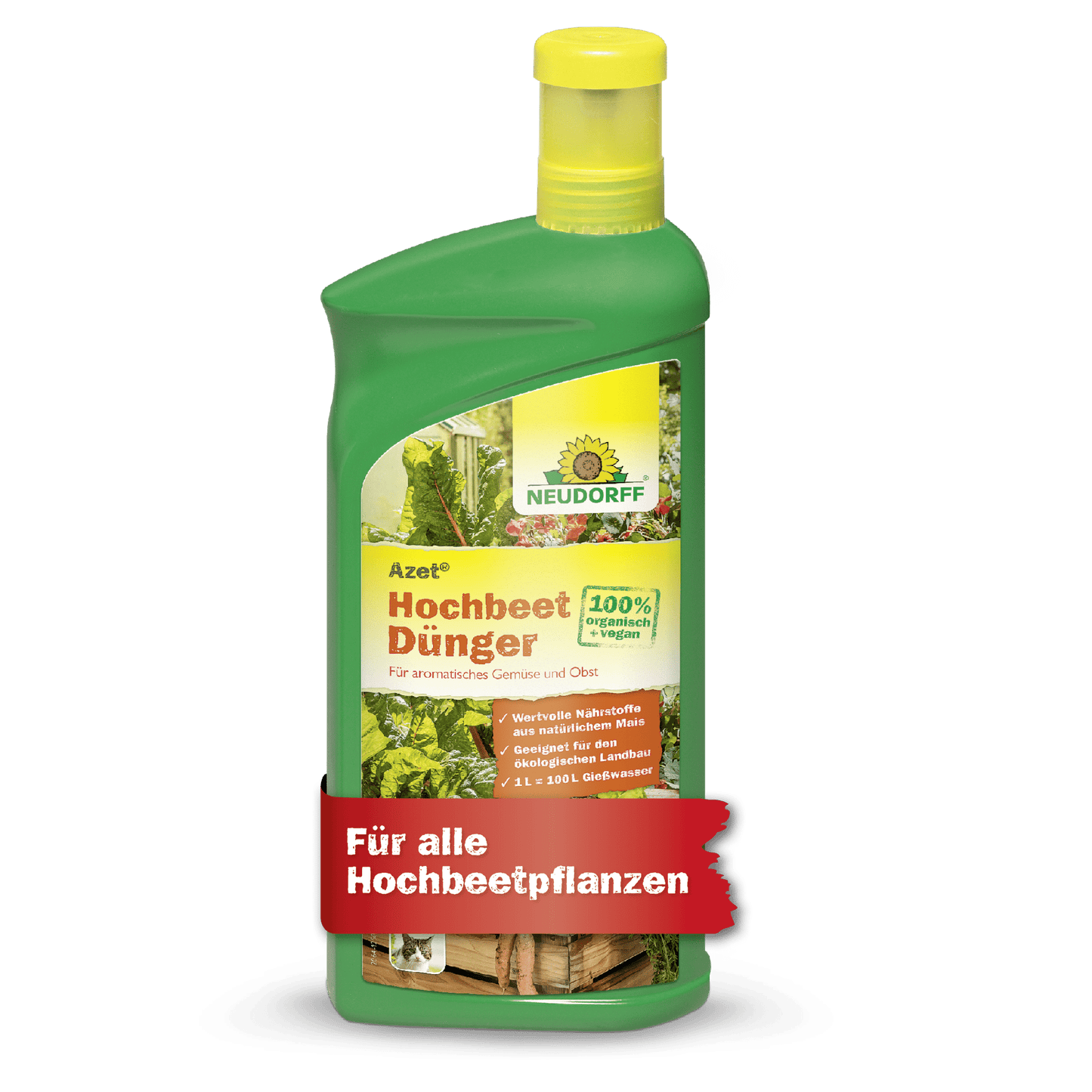 A green plastic bottle of Neudorff Shop Azet Raised Bed Fertilizer liquid with a yellow cap, labeled with 100% organic, nutrient-rich, ideal for raised bed plants and with vegetables on the front.