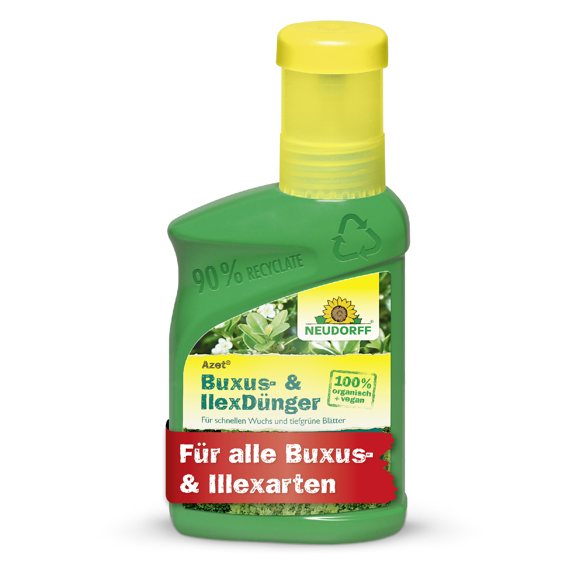 Eine grüne Plastikflasche Azet Buxus- & IlexDünger flüssig von Neudorff Shop, 100% organischer Pflanzendünger für Buchsbaum, Ilex und andere immergrüne Pflanzen; hergestellt aus 90% recyceltem Material und mit einer gelben Kappe versehen.