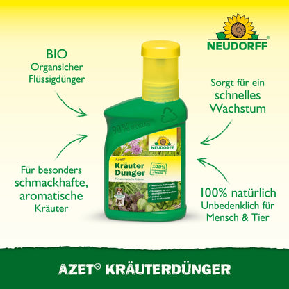 A green-yellow bottle of Neudorff Shop Azet Herb Fertilizer liquid is shown with German text highlighting the biological, natural, and safe properties for humans and pets, promoting healthier herbs with better growth and taste.