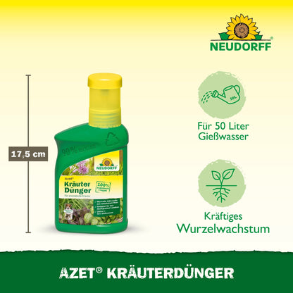 A green-yellow 500-ml bottle of Neudorff Shop Azet Herb Fertilizer liquid (17.5 cm high) treats 50 liters of water to promote healthy herbs and strong roots. The Neudorff logo is displayed at the top.
