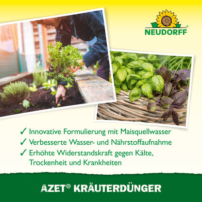 Those who care for potted herbs and foliage plants use Neudorff Shop Azet Herb Fertilizer liquid to promote plant health, improve water and nutrient uptake, and increase resistance to stress and diseases.
