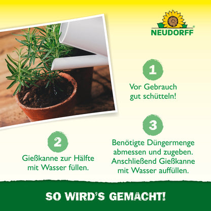 A green-yellow Neudorff Shop graphic shows a hand watering a potted rosemary with Azet Herb Fertilizer liquid, a step-by-step mixing guide, and the text "HOW IT'S DONE!" at the bottom.