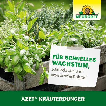 A wooden box filled with fresh green herbs like basil and thyme, with the Neudorff Shop logo and German text advertising fast-growing, flavorful herbs with Azet Herb Fertilizer liquid.
