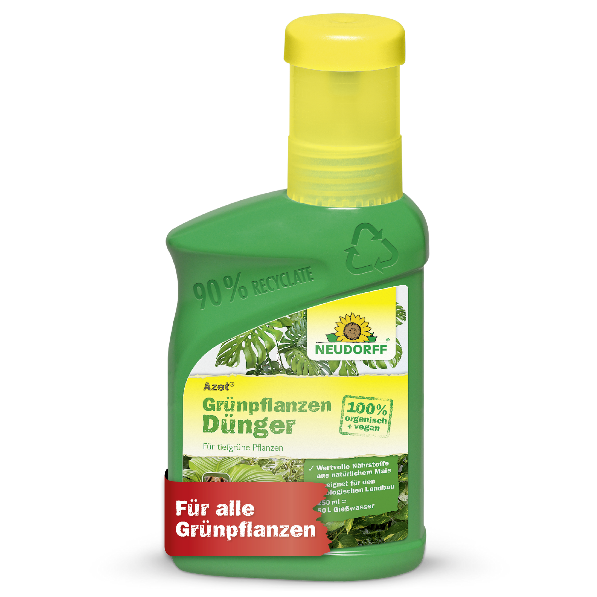 Eine grüne Plastikflasche von Neudorff Shop Azet GrünpflanzenDünger flüssig mit einer gelben Kappe, gekennzeichnet als 100% organischer veganer Dünger für Grünpflanzen, liefert essentielle Nährstoffe und hat ein Recycling-Symbol mit deutschem Text.