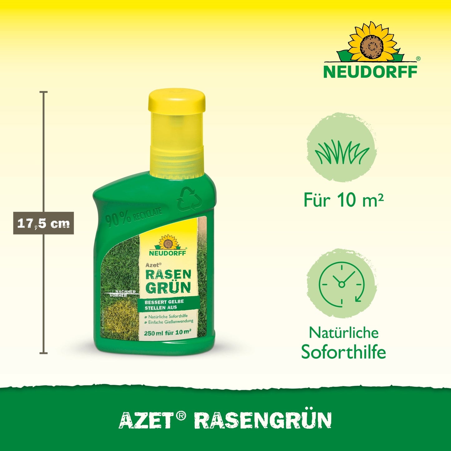 A 250-ml bottle of Neudorff Shop Azet LawnGreen (17.5 cm high) appears on a yellow-green background and promises lush grass and quick help for yellow spots in just 4 days; covers up to 10 m².