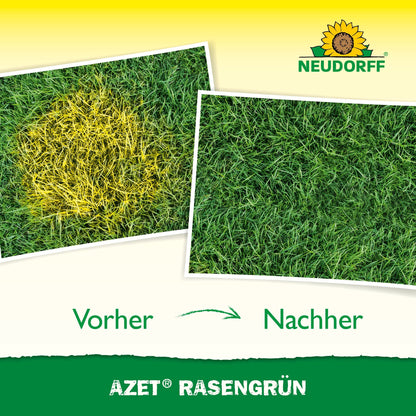 Two photos of lawns: left shows yellow spots with the caption "Before", right shows lush green after 4 days with the caption "After". Above and below are the logos and texts of Neudorff Shop and Azet LawnGreen.