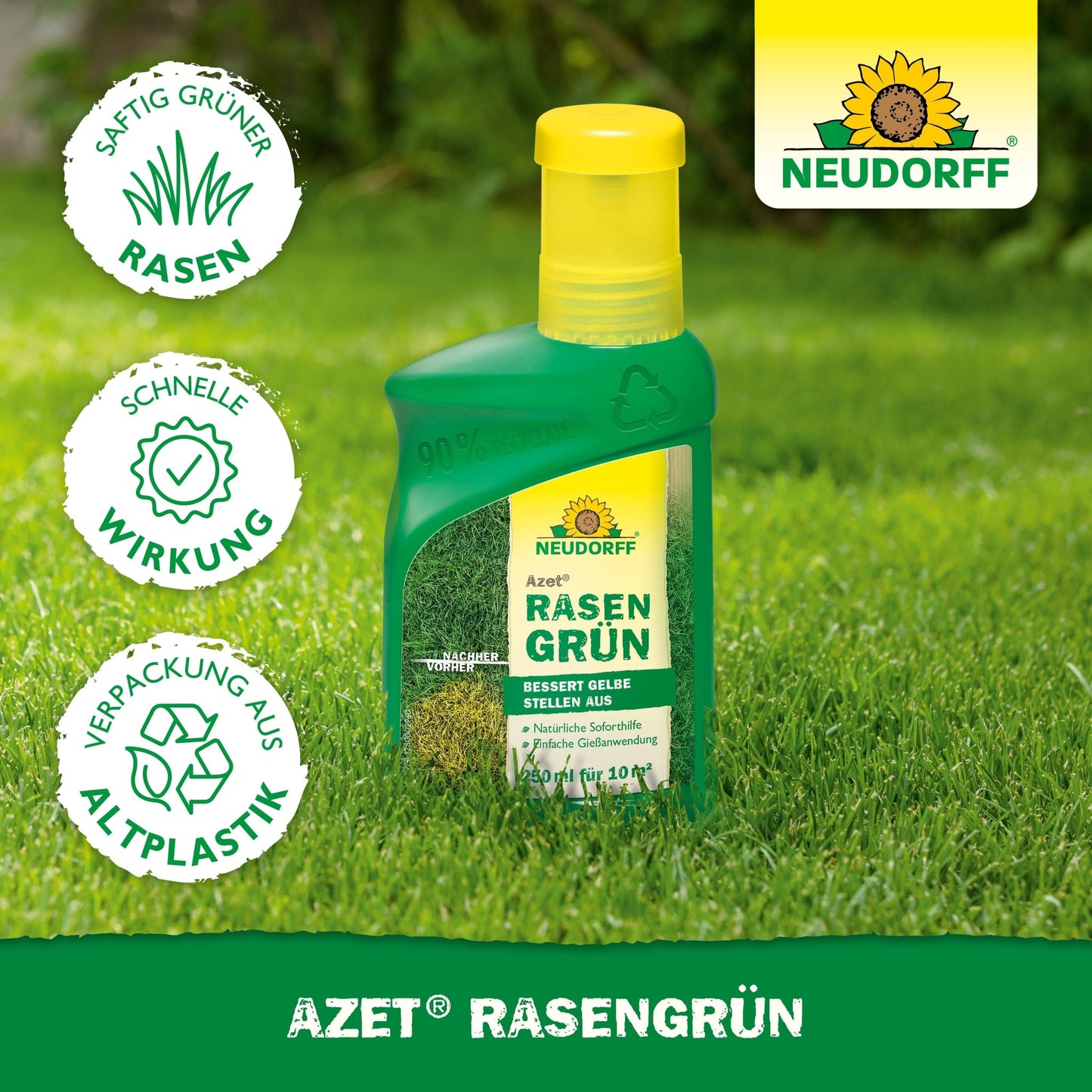 A green-yellow bottle of Neudorff Shop Azet LawnGreen stands on a lawn. Icons and German text show that it transforms yellow spots on the lawn into lush green in 4 days, with eco-friendly packaging made from recycled plastic.