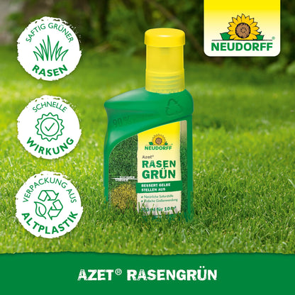 A green-yellow bottle of Neudorff Shop Azet LawnGreen stands on a lawn. Icons and German text show that it transforms yellow spots on the lawn into lush green in 4 days, with eco-friendly packaging made from recycled plastic.
