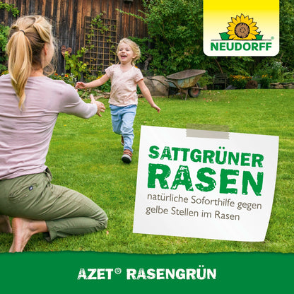 A woman kneels with outstretched arms on a lush green lawn as a smiling girl runs towards her. The lawn is healthy - no yellow spots thanks to Azet LawnGreen from Neudorff Shop. Branding and product information are visible in German.