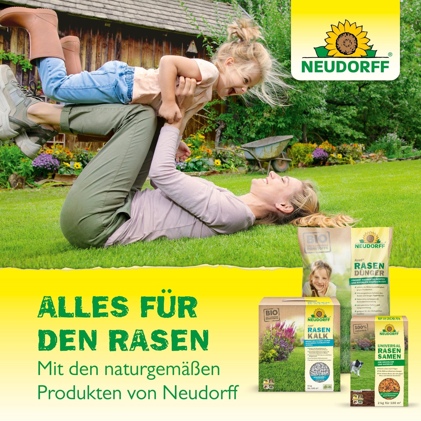 A woman lifts a girl on green grass. Neudorff Shop's Azet LawnGreen ensures lush green grass in 4 days and prevents yellow spots. Text in German: "Everything for the lawn. With the natural products from Neudorff."
