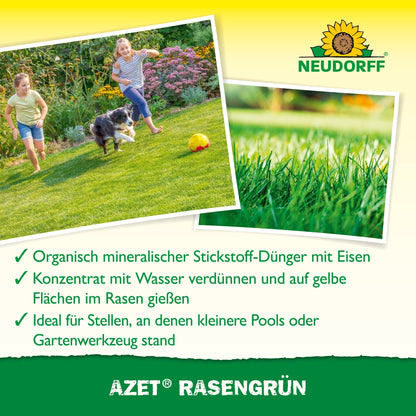 A woman and a child run with a dog on a green meadow. Inset shows lush grass. The text highlights the quick effect of Neudorff Shop Azet LawnGreen within 4 days - ideal for yellow spots - and provides information on properties and application.