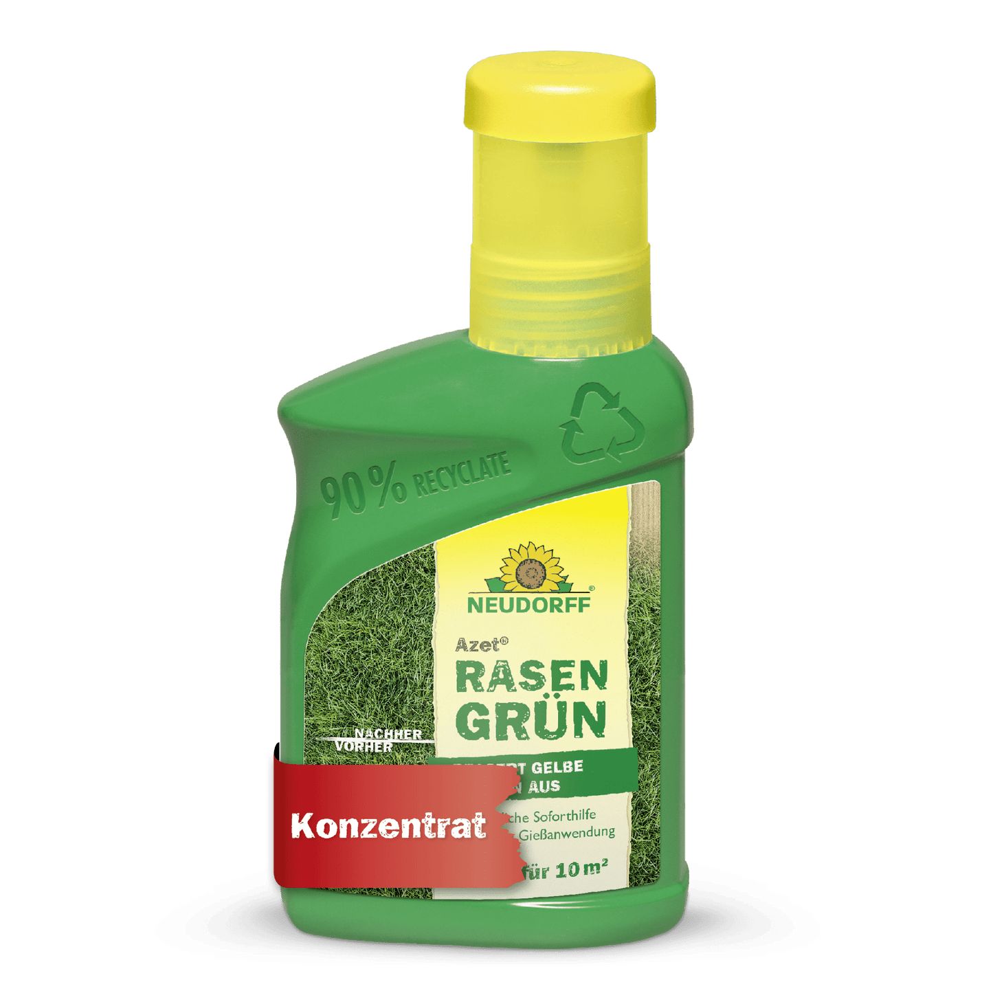 Azet LawnGreen from Neudorff Shop comes in a green plastic bottle (90% recycled), yellow cap, grass image, and is a lawn care concentrate for 10 m², promising lush green grass in just 4 days.