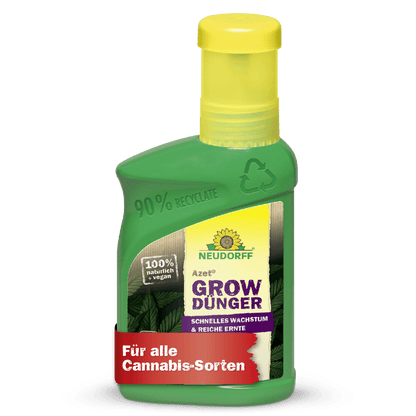 A green plastic bottle of Neudorff Shop Azet GrowFertilizer with a yellow cap; the label states that it is 90% recycled, vegan, 100% natural, and perfect for cannabis cultivation and all cannabis strains.