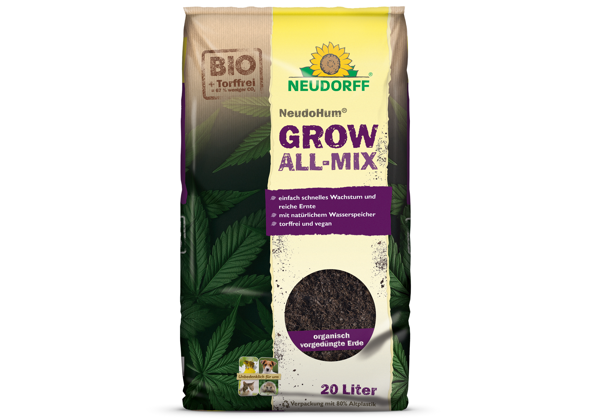 Ein 20-Liter-Beutel NeudoHum Grow All-Mix von Neudorff Shop in braun-violetter Verpackung mit "BIO"- und "torffrei"-Etiketten, entwickelt für den Cannabis-Anbau und eine gesunde Blüte.