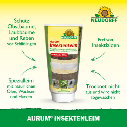 Eine Tube Aurum InsektenLeim von Neudorff Shop steht aufrecht und trägt einen deutschen Text zum Schutz von Obstbäumen vor Ameisen und Wintermottenweibchen. Auf dem grün-gelben Hintergrund ist oben das Neudorff-Logo zu sehen.