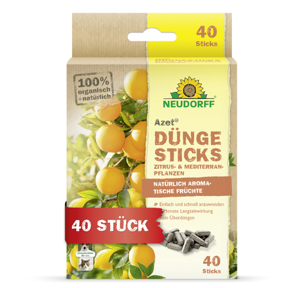Azet Düngesticks für Zitrus- & Mediterranpflanzen aus dem Neudorff Shop sind organische Düngestäbchen für Zitrus- und mediterrane Töpfe, ideal für Balkon und Terrasse. Die Box zeigt Zitronen und enthält 40 graue Stäbchen.