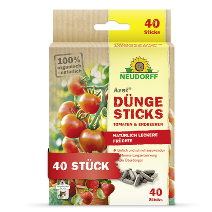 Der Neudorff Shop Azet Düngesticks für Tomaten & Erdbeeren ist ein 100% biologisches und natürliches Produkt mit 40 Sticks in einer rechteckigen Schachtel, die mit Tomaten- und Erdbeermotiven verziert ist.