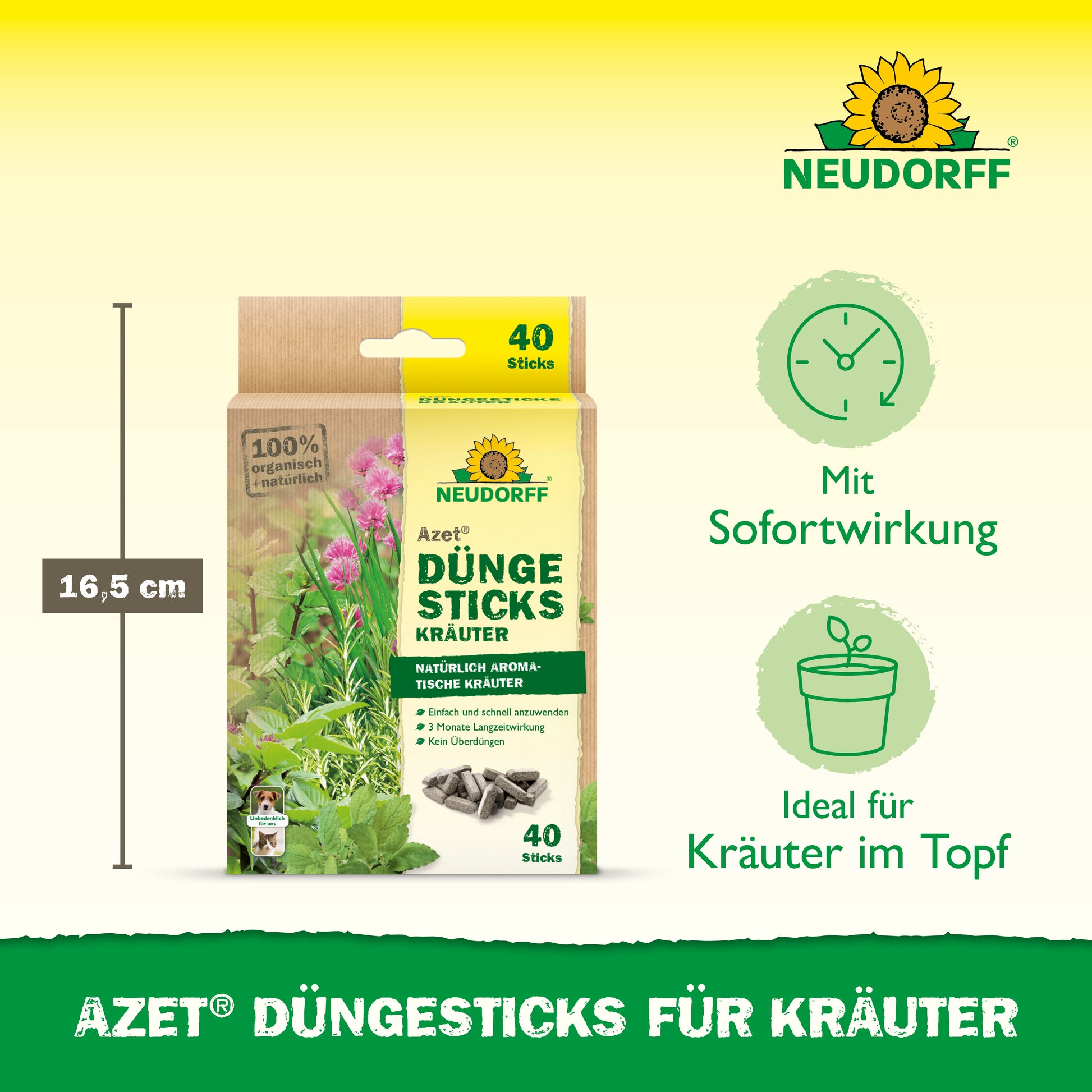 Die Neudorff Shop Azet Düngesticks für Kräuter kommen in einer 40-Stick-Box (Höhe: 16,5 cm) mit Bildern von frischen Kräutern, ideal für Topfkräuter in Topferde und sorgen für schnelle Wirkung.