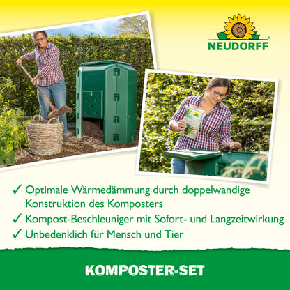 Eine Frau füllt mit einer Heugabel eine grüne Komposttonne in einem Garten und zeigt, wie das Neudorff Shop Komposter-Set verwendet wird. Ein Bildausschnitt zeigt, wie sie Kompostbeschleuniger hinzufügt. Deutscher Text und der Schriftzug Neudorff Shop erscheinen im Bild.