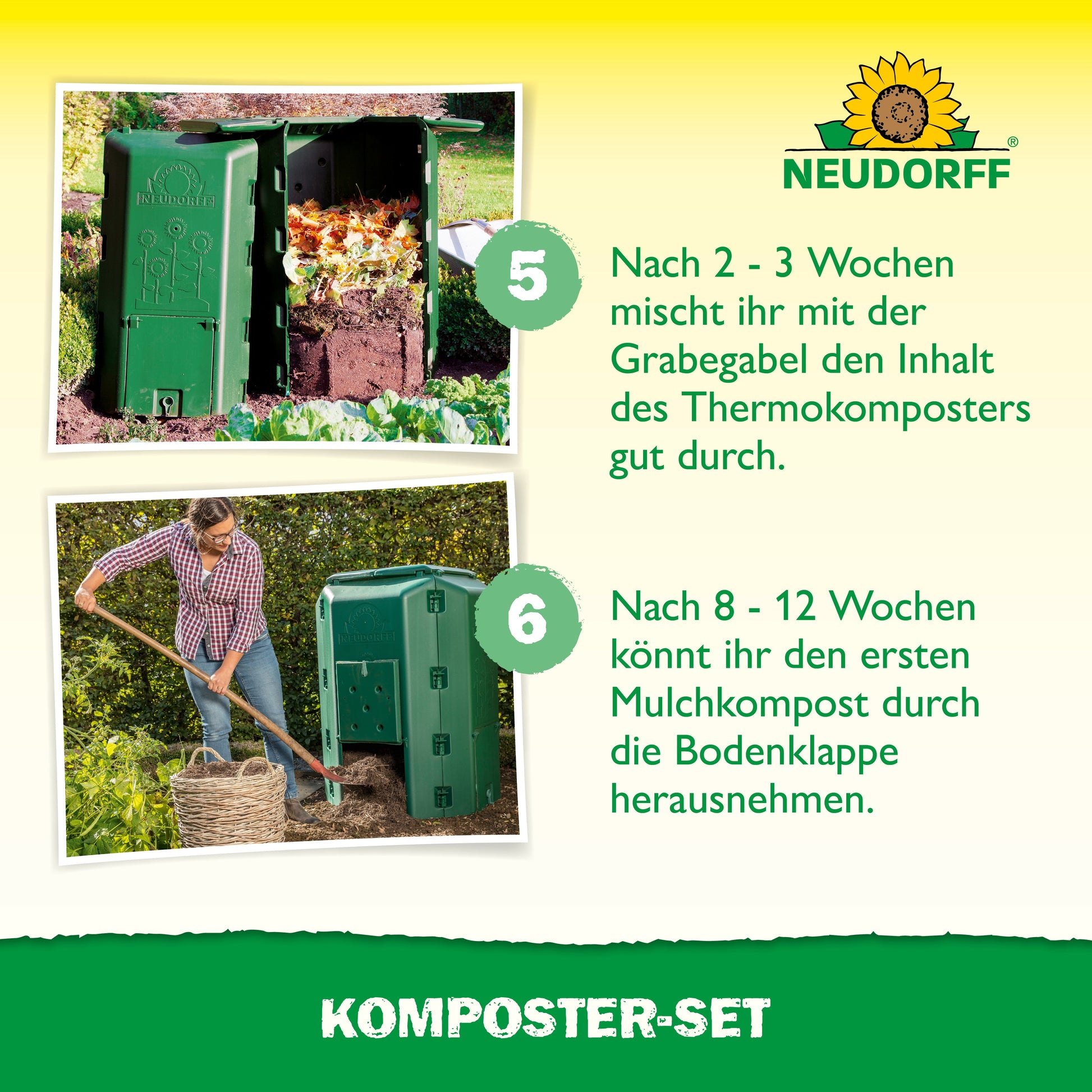 Zwei Fotos zeigen die Schritte zur Verwendung des grünen Komposter-Sets von Neudorff Shop: Im ersten Fall wird der Kompost mit einer Gabel gemischt, im zweiten Fall wird er mit einer Schaufel entnommen. Die Anleitung ist auf Deutsch. Oben ist das Neudorff-Logo zu sehen.