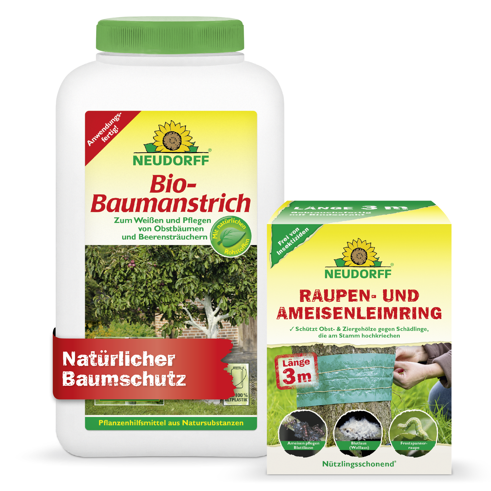 Das Neudorff Shop Baumschutz-Set zeichnet sich durch das charakteristische grün-gelbe Branding aus. Sowohl auf der Bio-Baumanstrich-Flasche als auch auf der Raupen- und AmeisenLeimring-Dose befinden sich Baummotive, die mit einem grünen Klebeband zum Schutz der Bäume versehen sind.