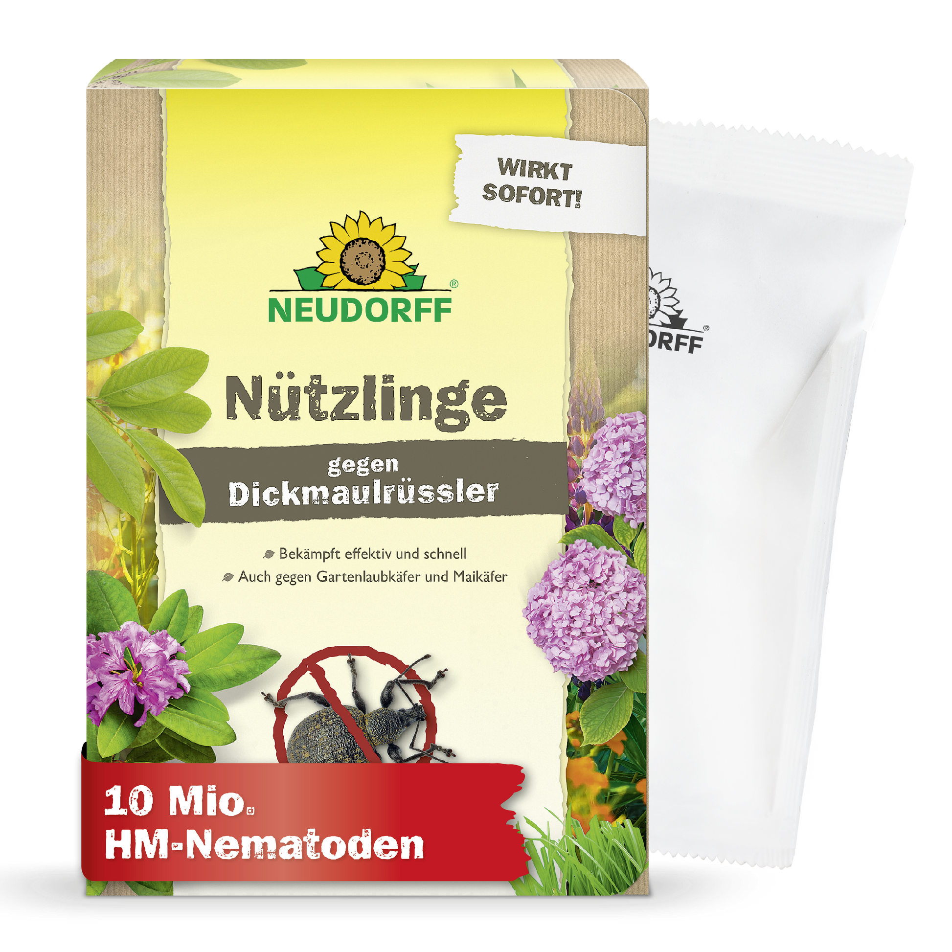 Eine Neudorff Shop Nützlinge gegen Dickmaulrüssler Box mit Branding, Blumen, Käfer und "10 Mio. HM-Nematoden" bietet eine effektive Garten- und Engerlinge-Schädlingsbekämpfung. HM-Nematoden" bietet effektive Garten- und Engerlinge-Schädlingsbekämpfung. Hinter der Schachtel ist ein weißer Beutel teilweise sichtbar.