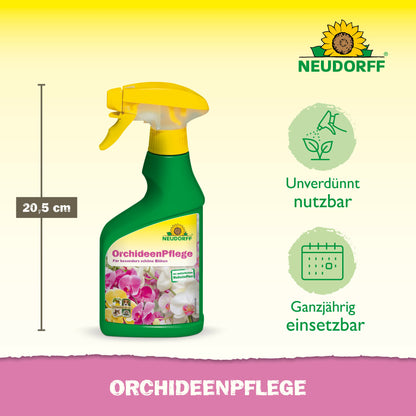 Die Neudorff Shop OrchideenPflege kommt in einer grünen Sprühflasche mit gelbem Deckel und weißer Aufschrift, ideal zum Auftragen von Pflanzenhilfsmitteln, um Ihre Orchideen gesund und kräftig zu halten.